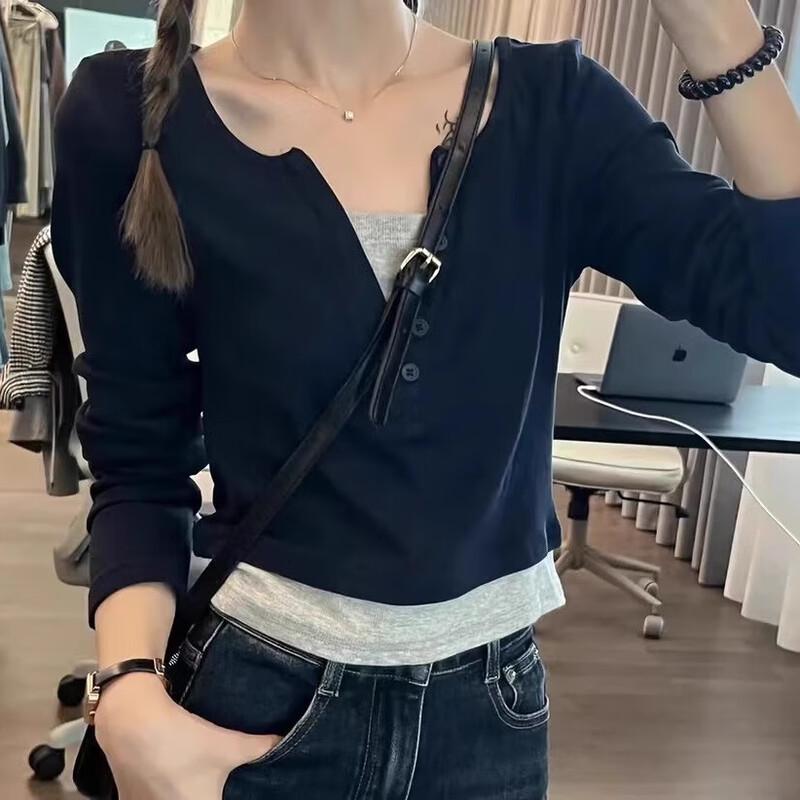 Yuzhaolin Women's Faux Two-Piece Color-block V-Neck Slim Long Sleeve T-Shirt