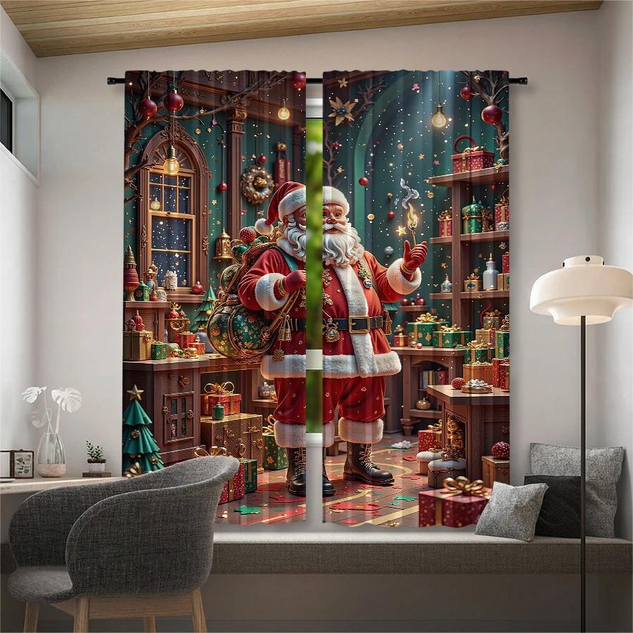 2PCS- Christmas Santa Claus Christmas Tree Pattern Printed Curtains   Christmas Decorations   Home Decorations   Room Decorations