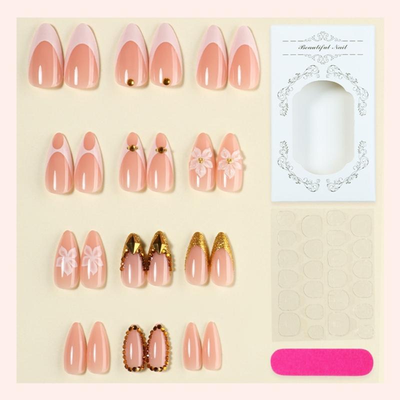 24Pcs Golden Lines Embellishments Press On Nail Short Almond Shape With Metallic Flower Effect