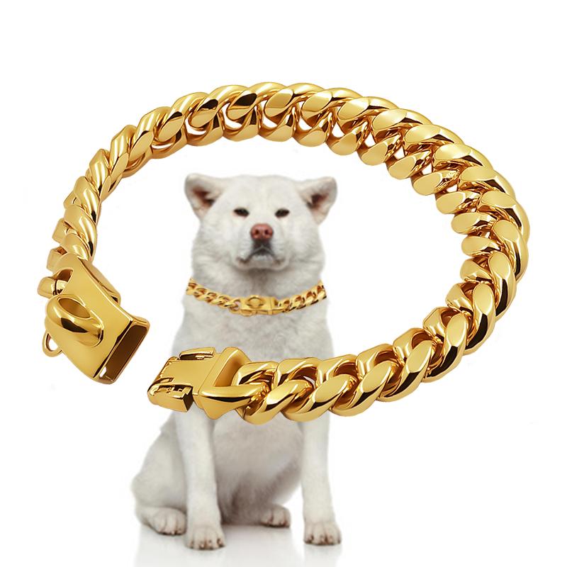 Metall-Hundehalsband Edelstahl Haustier-Choker Gold Cuban Link Kette 14mm Breit Leine für Kleine Mittlere Große Hunde Haustier Zubehör