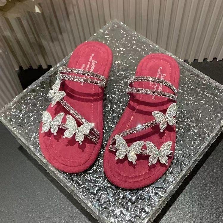 With Skirt, Beach Slippers, Rhinestone Bow 2025 Summer New Soft-soled Outer Wear, Fairy Style Flat-soled Sandals, Female