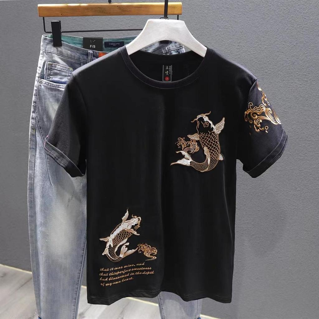Fashionable Young Handsome High-end Embroidered Short-sleeved T-shirt Round Neck Casual Top