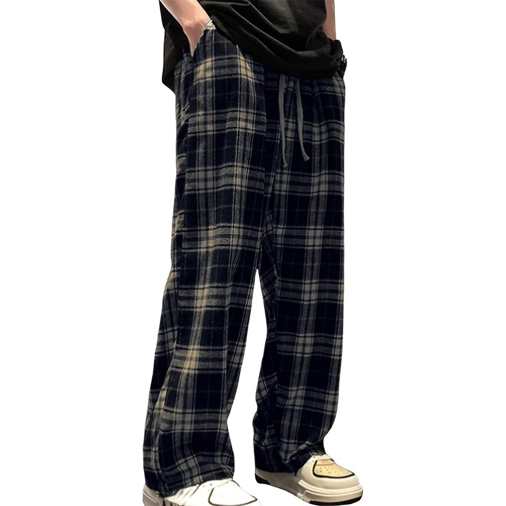 Men's Loose Comfortable Casual Fashion Tartan Print Wide Leg Pants With Drawstring