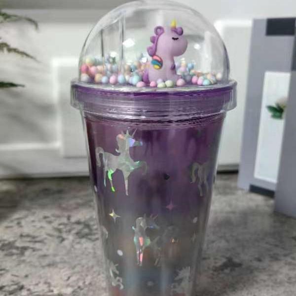 New High-value Unicorn Straw Cup,Portable Cartoon Plastic Water Cups, Double-layer Glitter Crushed Ice Cup, Holiday Gift Tea Cup