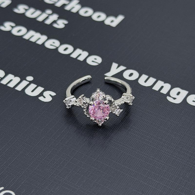 Süßer Mädchenstil Silber-Rosa Diamantenbesetzter Schatz Schleife Stern Krone Offener Ring Nische Stapelring Frau