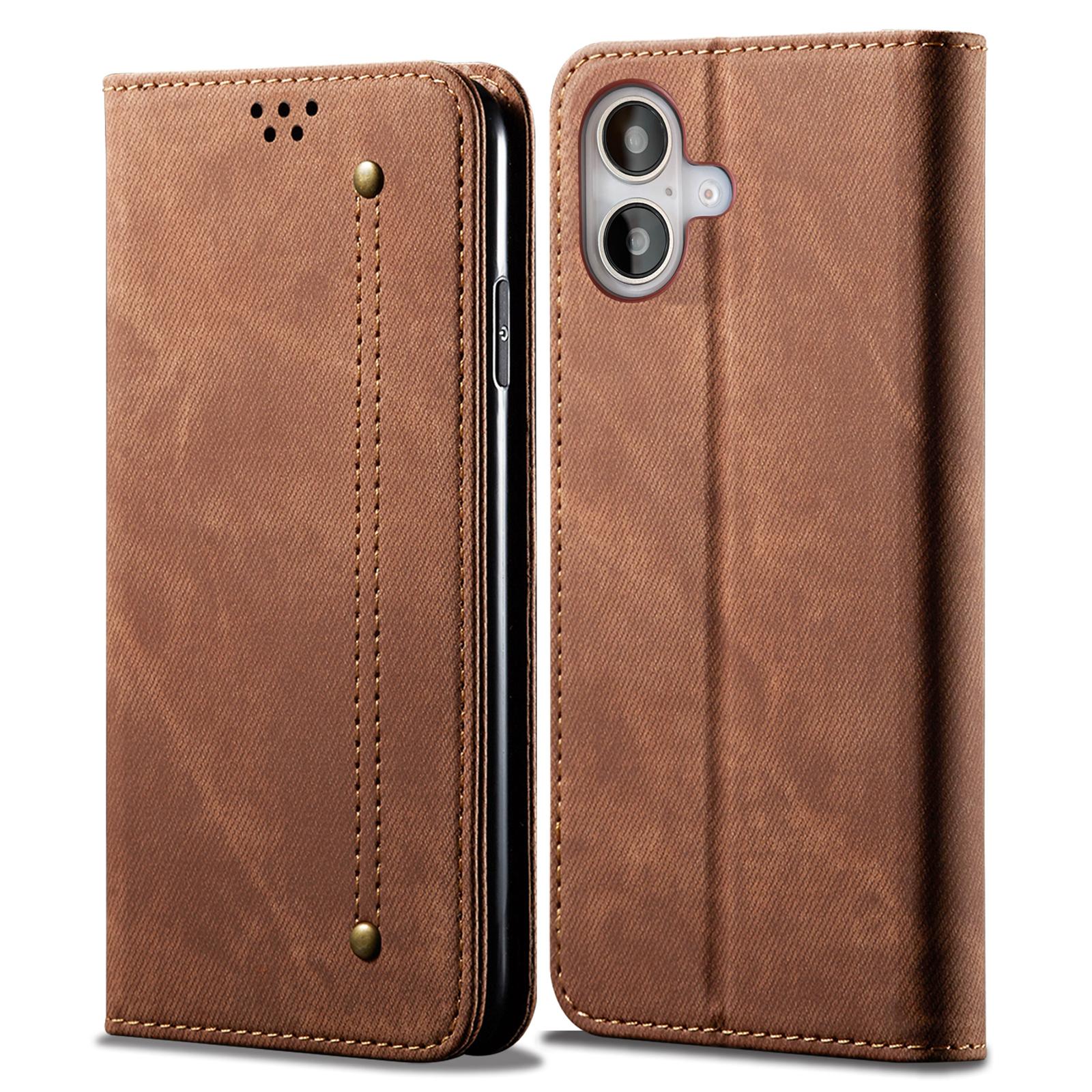 

For iPhone 16 Plus Case Jeans Cloth Texture Anti-Scratch Leather Stand Phone Cover Coffee