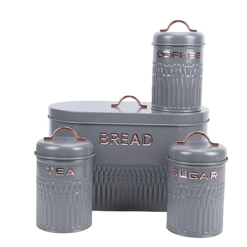 Set da 4 pezzi: Porta pane e barattoli in ferro per cucina, Caffè, Tè, Zucchero, Porta pane in metallo per piano di lavoro