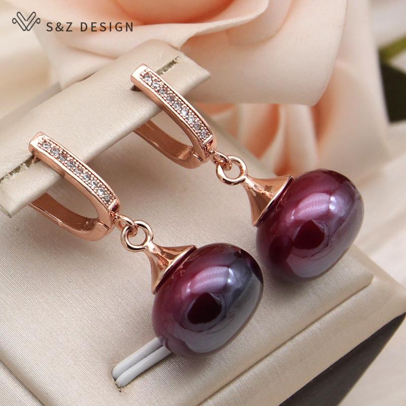 Mote Elegante Vinrøde Runde Perler Dråpe Øredobber For Kvinner Bryllupsfest Rosegull Farge Smykker Gave