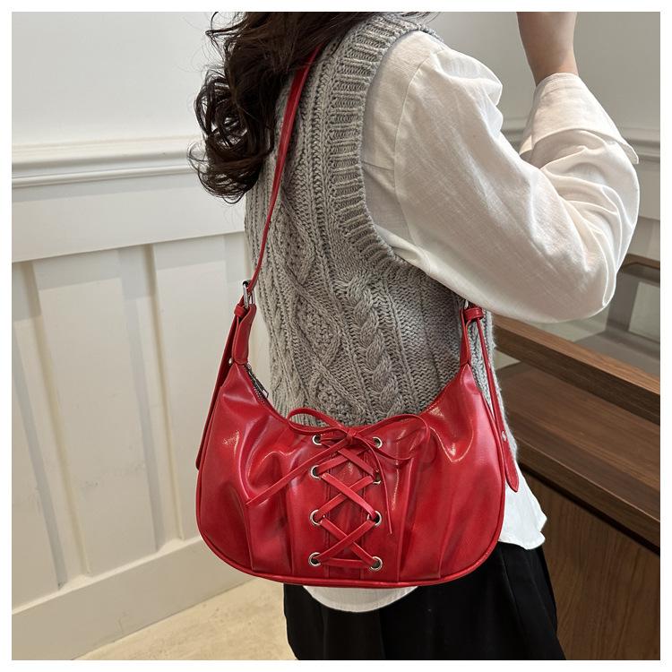 1Pc Lace-up Bow Bag Women's Spring New PU Dumpling Bag Temperament Shoulder Bag Sweet and Cool Messenger Bag