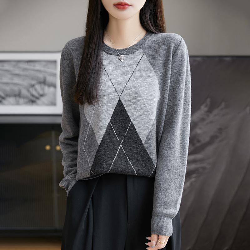Rhombus Crew Neck Sweater Wool Sweater Knitted Sweater Bottoming Shirt Women'S Autumn And Winter New Inner Top Wool Sweater