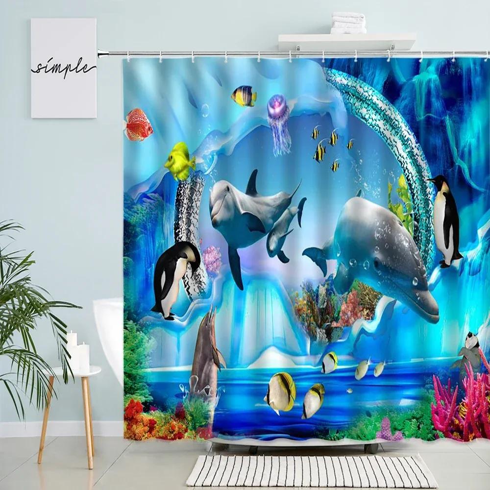 Funny Dolphin Shower Curtains Sunset Ocean Animals Tropical Fish Coral Children Bathroom Decor Polyester Bath Curtain with Hooks