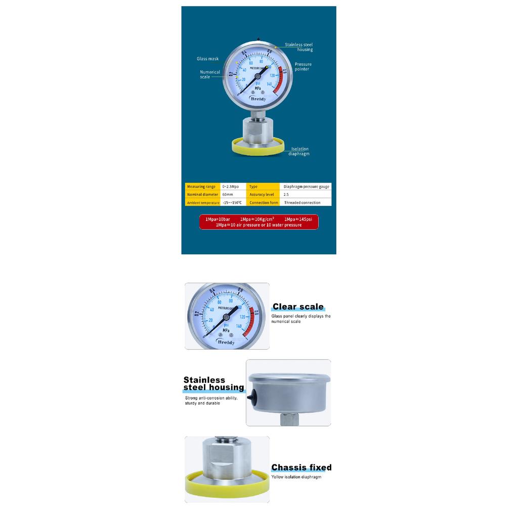 Xin Tester 0-2.5Mpa Air Glycerol Free Pressure Gauge Dia 60mm Stainless Steel Diaphragm Oil water Hydraulic Gauge YTP60