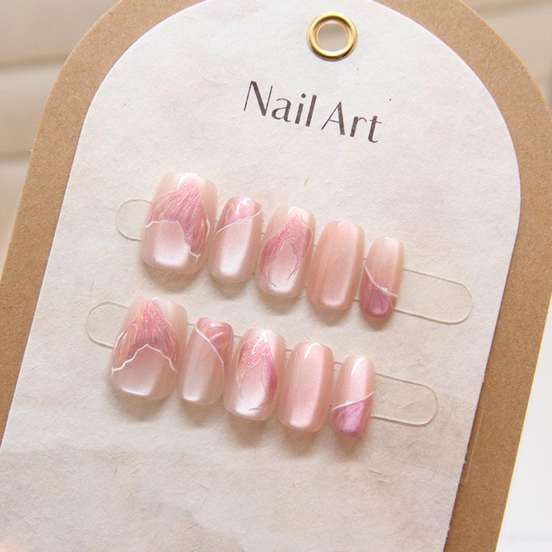 Pink Aurora Cat Eye Fishtail Nails: Sweet, Cute, Removable Manicure Patches