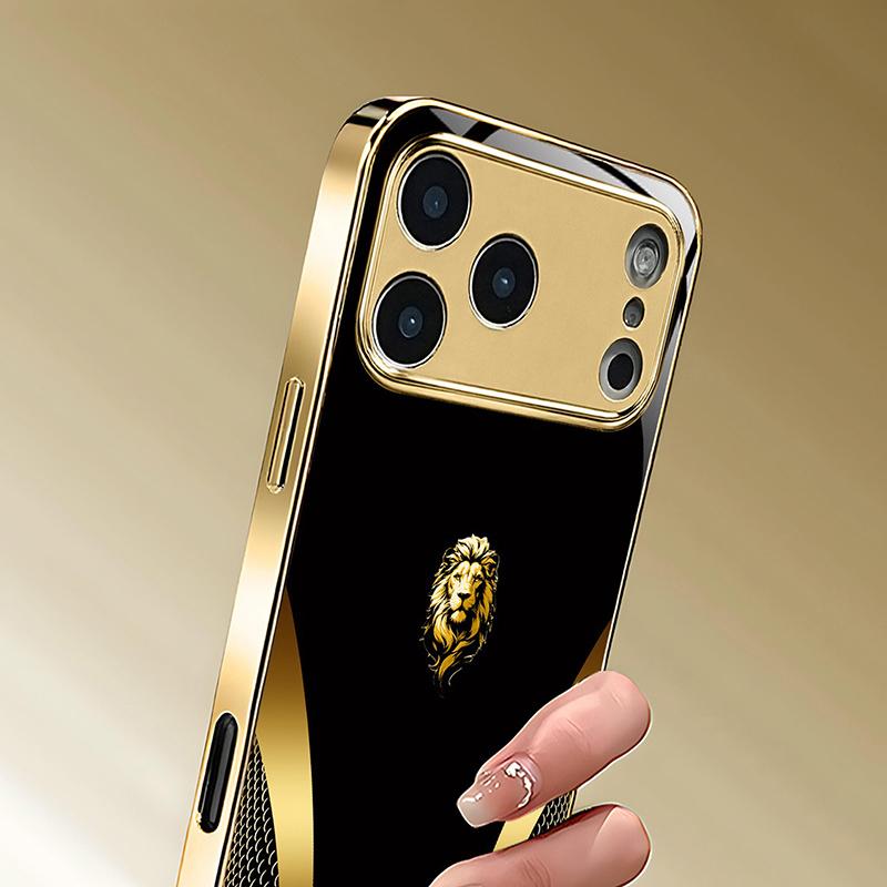 Cool Gold Lion Pattern Gold Metallic Paint Glass Phone Case For iPhone 11 12 13 14 15 16 17 Pro Max 14 Plus 17Air 16E Cover
