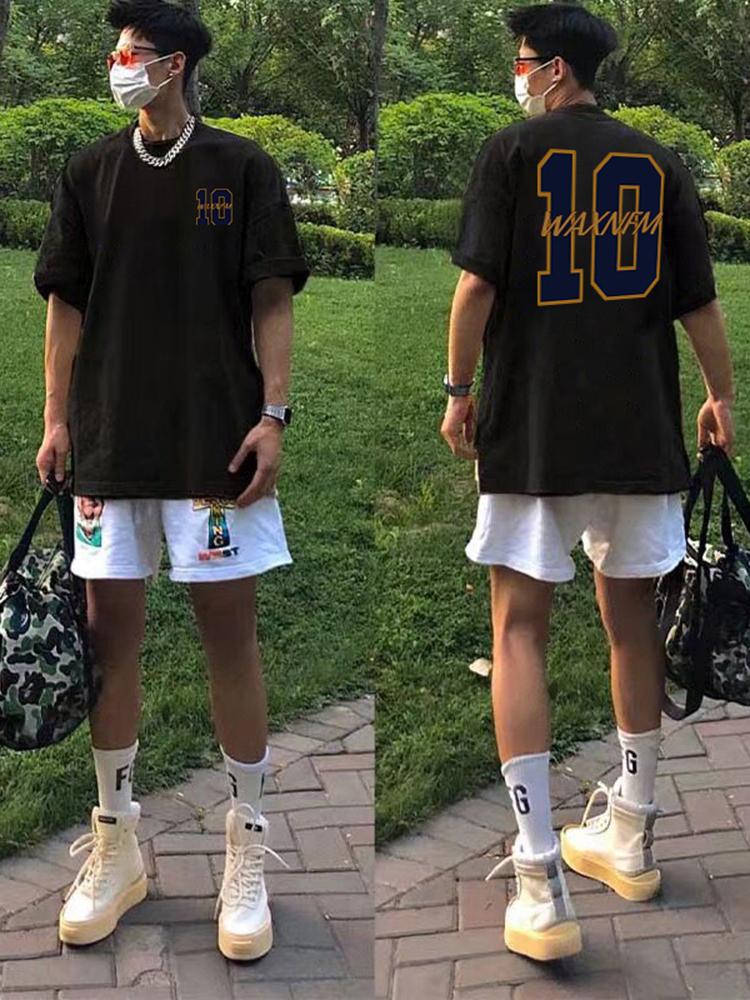 Großes Baumwoll Herren Kreatives Digital 10 Bedrucktes Kurzarm-T-Shirt für Herren Explosiv Street Locker Halbarm Hip-Hop Oberteil