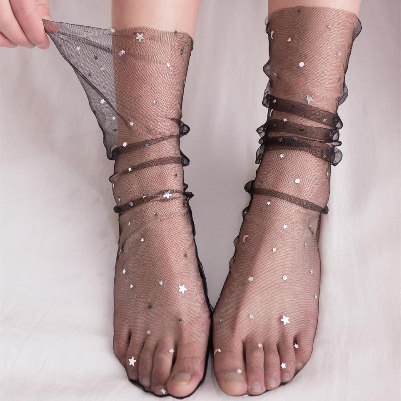Průhledné Dámské Ponožky Barevná Hvězda Léto Ultratenké nylonové Volné Dlouhé Ponožky Ženy Sladké Dívky Síťované Krajkové Ponožky Sox
