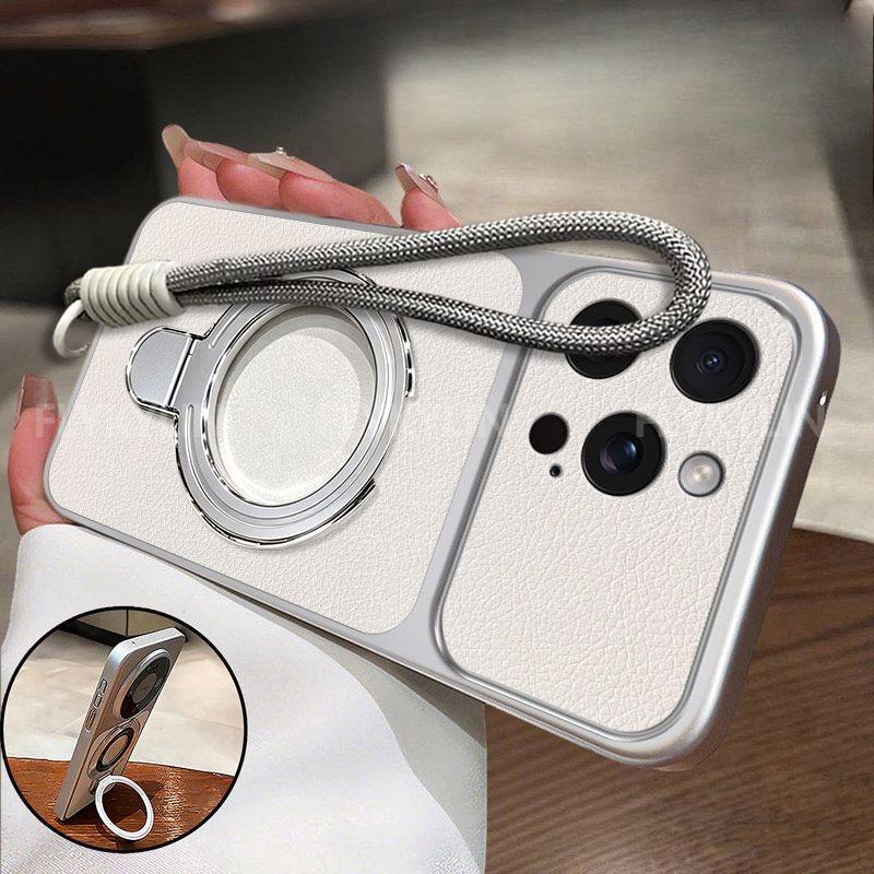 Magnetic Stand Bracket Phone Case For iPhone 17 16 15 14 13 12 11 Pro Max Plus PU Lambskin Leather With Wrist Strap Soft Cover