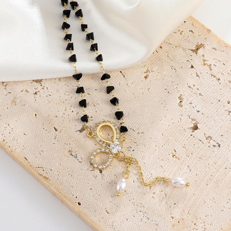 A52E Luxurious Pearls Bowknot Pendant Necklace Adjustable Chain Alloy Neck Jewelry CN