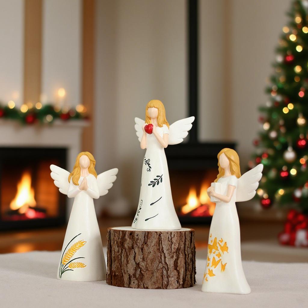 Praying Angel Statue Set (With Heart And Bible) - Elegant Beige Resin Statues Perfect For Home Altars And Spiritual Decor.