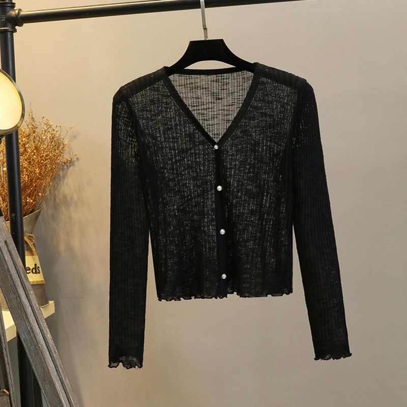 

Вязаный кардиган с вырезами Женский короткий летний Новинка Платье-слинг Верхняя одежда Приталенные топы Тонкое солнцезащитное пальто Black M