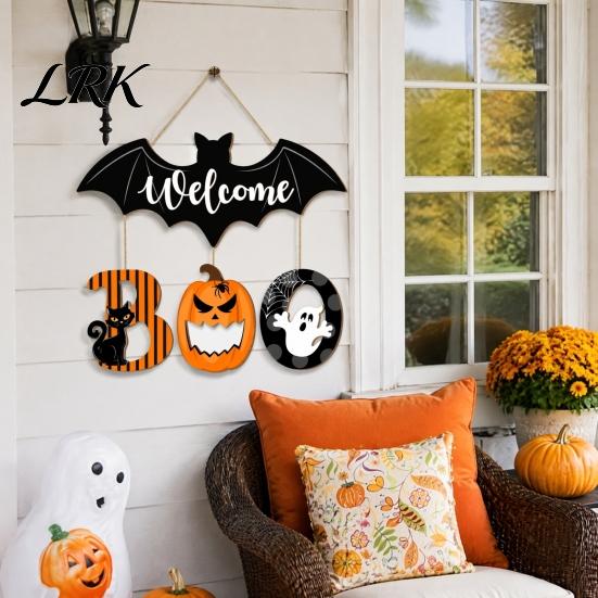 Wooden Boo Welcome Plaque Halloween BOO Door Sign, Spooky Bat Hanging Ghost Pumpkin Creative Holiday Hanger Black Cat Ornaments for Front Window Party