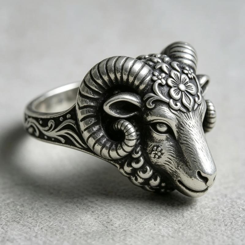 Vintage Silvery Ram Head Ring, Carved Flower Aries Ring, Gothic Animal Punk Jewelry, Dainty Gift For Men Women Party Accessories