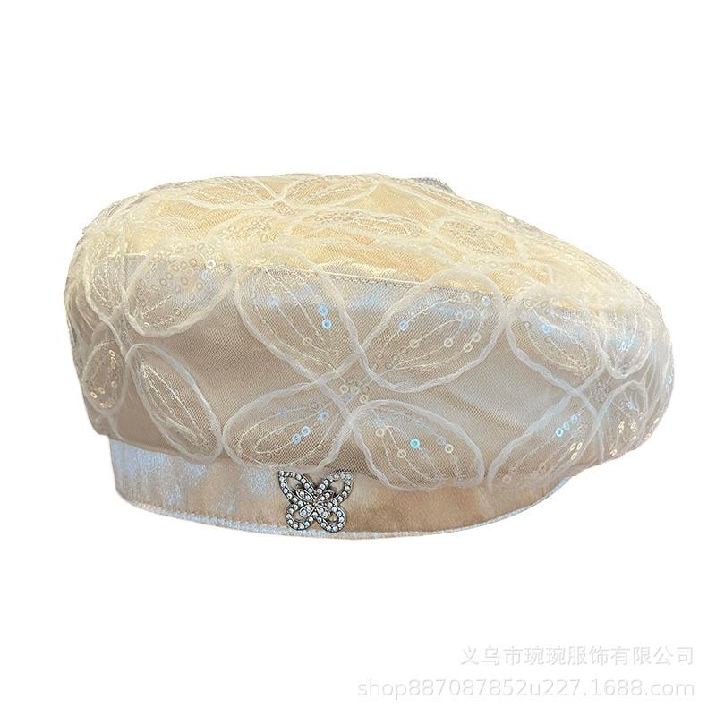 Beret children summer thin lace sequined bud hat breathable Internet celebrity fashion British painter hat