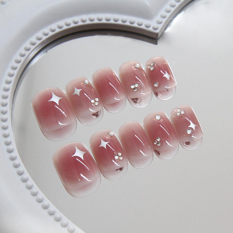 Sweet Nail Patch Removable Nail Star Wearing Nail Solid Color Blush Nail Patch Diamond Short Nail 24 pieces