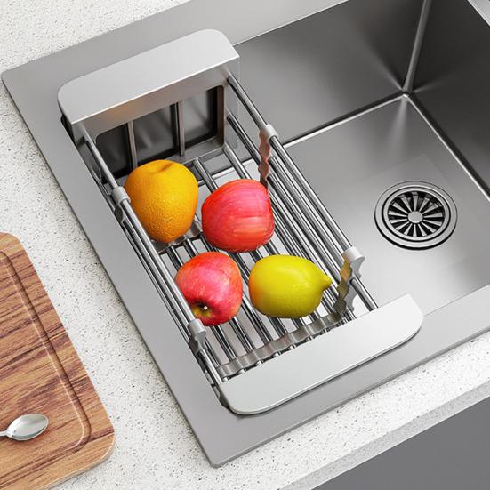 Stainless Steel Adjustable Expandable Rack Multifunctional Kitchen Sink Drain Basket with Dish Drying & Rinsing Non-Slip