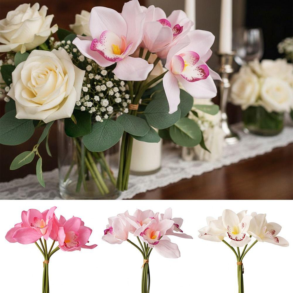6 Heads Artificial Orchid Bouquets Realistic Design Desktop Ornament Realistic Cymbidium Flowers Photo Props