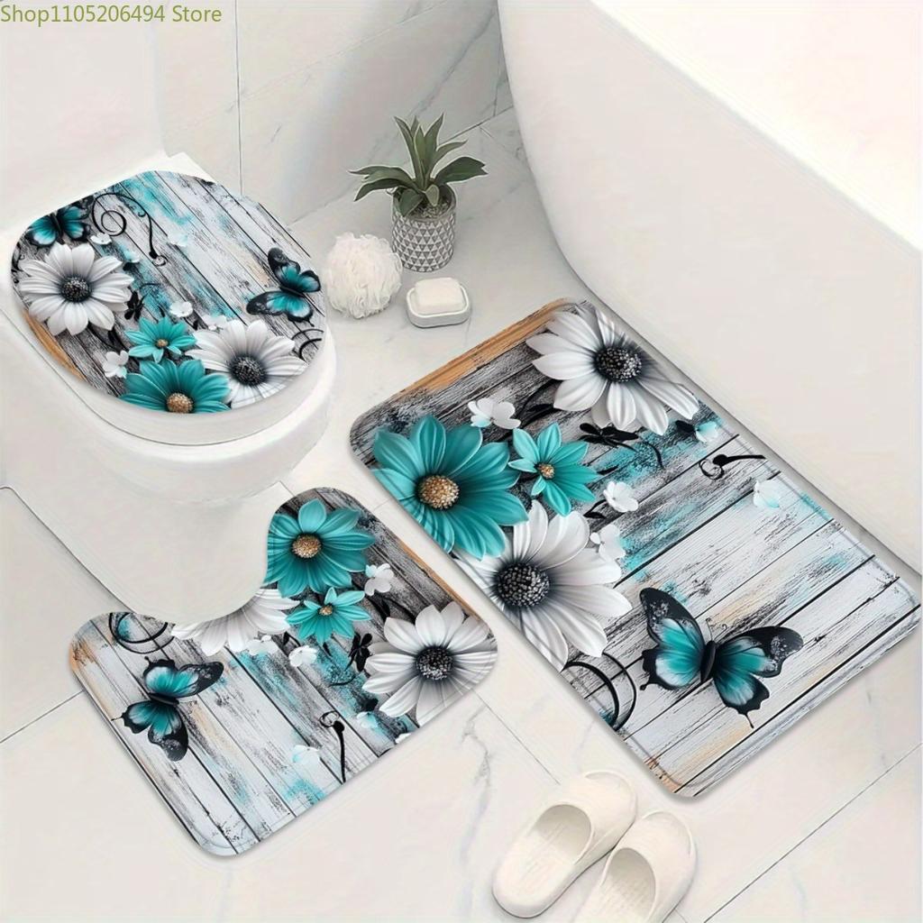 1/3/4pcs, Fashionable and simple Teal and White Floral Butterfly Bathroom Set - 2D FLAT Shower Curtain and Rug Collection Exqu