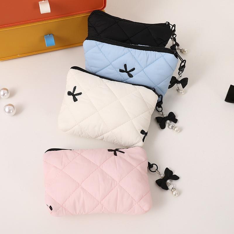 Cute Bow Embroidered Small Cosmetic Lipstick Earphones Data Cable Portable Storage Bag Coin Purse Pouch Make Up Bags Organizer