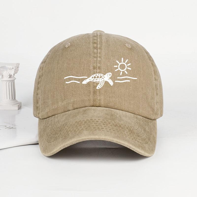 Vintage Washed Baseball Cap with Turtle, Sun, and Wave Print  Unisex Cap Perfect for Beach Vacations, Camping, and Fishing