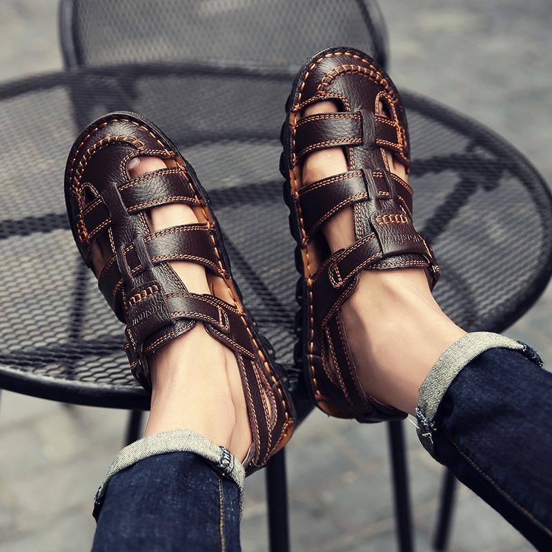 2024 Classic Men's Summer Sandals Comfortable Outdoor Breathable Casual Shoes  Beach Shoes Flat Business Genuine Leather Sandals