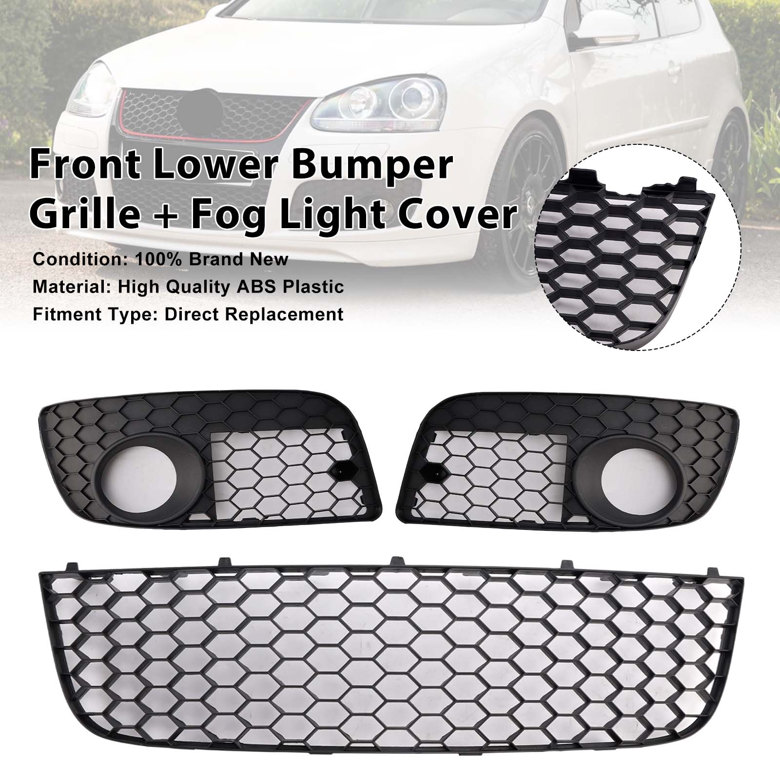 

3PCS Front Lower Bumper Grille + Fog Light Cover Fit VW GOLF MK5 GTI 2006-2009