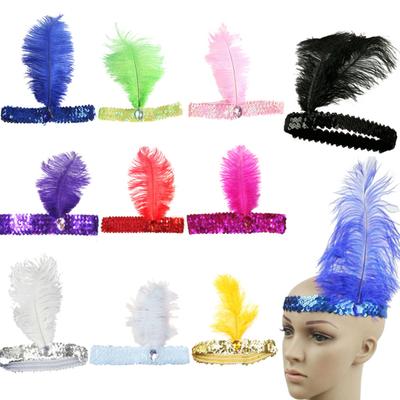 Ladies Ostrich Feather Elastic Sequins Belt Headband Flapper Indian Hairband