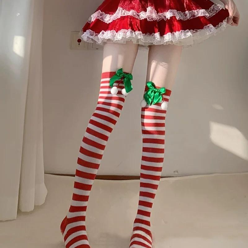 New Butterfly Knot Christmas Ball Socks Over Knee Sock Women's European and American Festival Christmas Striped Long Socks