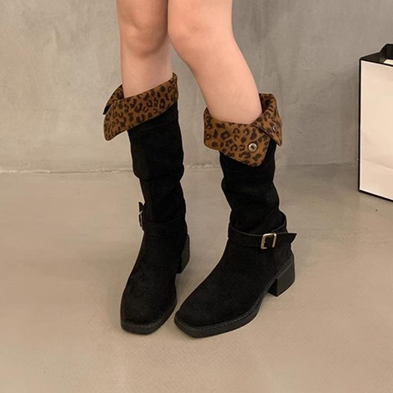 

Женские замшевые сапоги до колена с леопардовым принтом, фирменные туфли на высоком каблуке, ретро-модные ботинки «Челси», ковбойские сапоги, новые тенденции в стиле «снегоходы» Botas Mujer 40