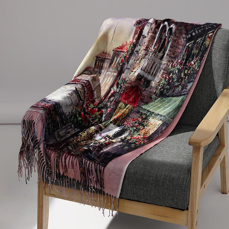 Oil Painting Cashmere Scarf For Women Warm Winter Pashmina Printed Shawl Foulard Femme Blanket Scarves Wraps