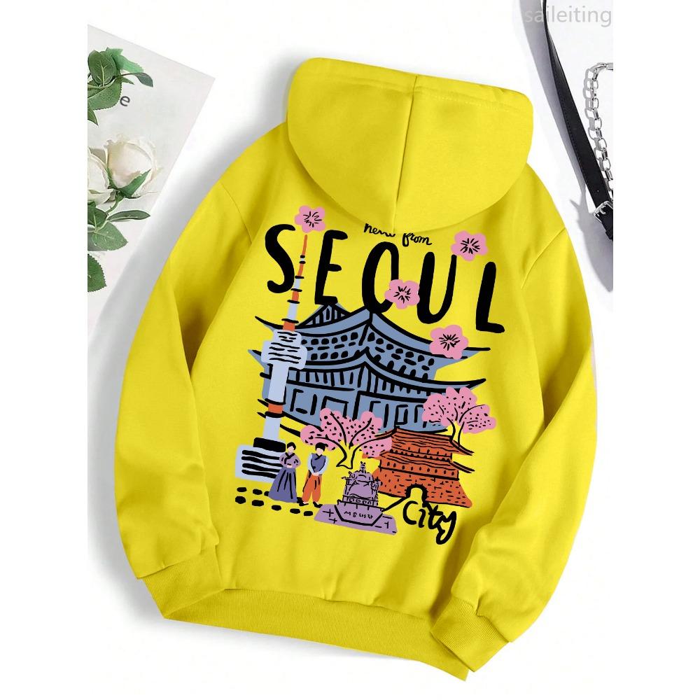 Seoul Smukke Landskaber Print Kvinder Varme Behagelige Hættetrøjer Enkle Street Pullover Vintertøj Kvinder Streetwear Kvinder
