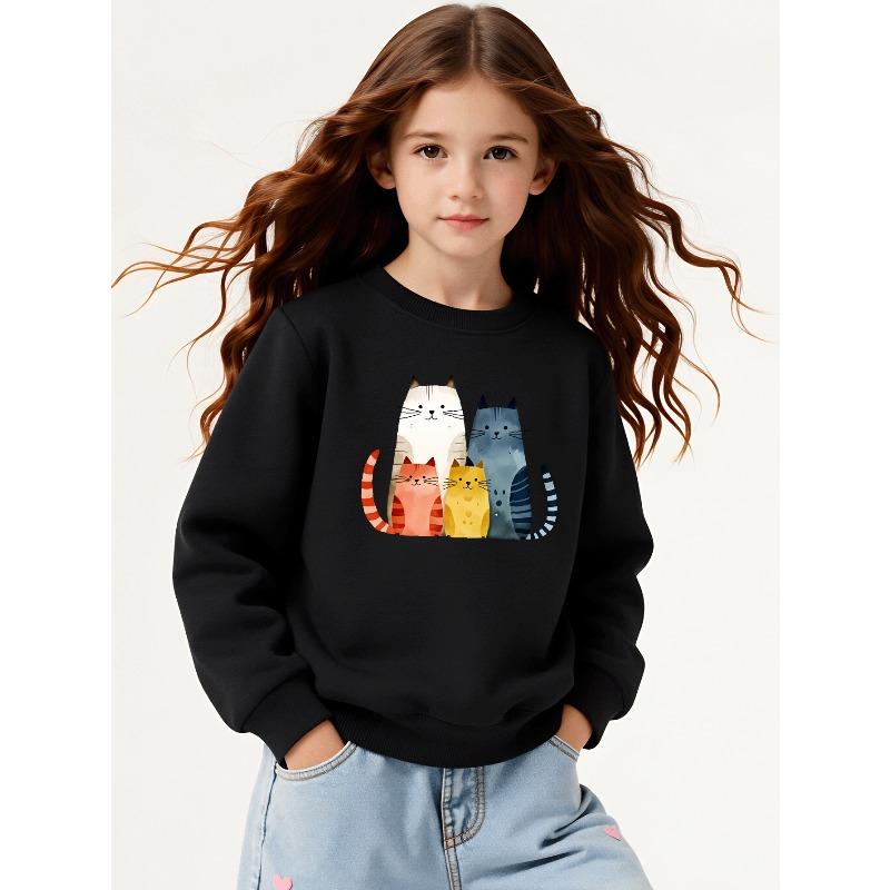 Girls' Soft Crewneck Sweatshirt, Cute Watercolor Cat Family Print Design with Cute Creative Print, Casual All-Match for Fall Winter