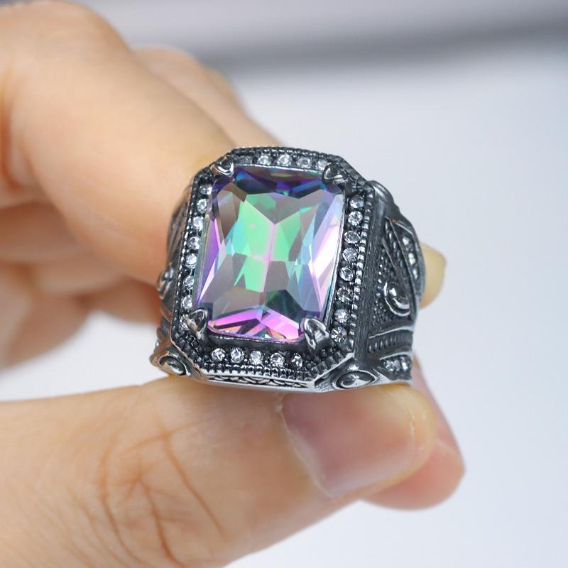 Vintage Personality Colored Gemstones Men's Punk Fashion Alloy Zircon Ring