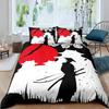Japanese Samurai Bedding Set, Japan Sunset Landscape Building Silhouette Duvet Cover For Men Teens, Black Red