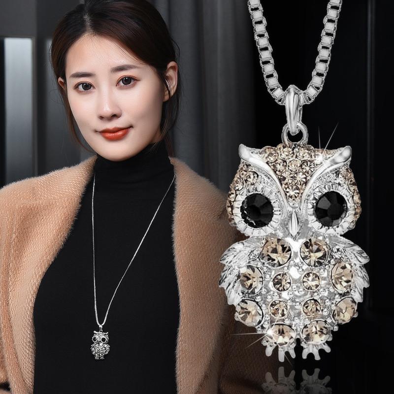 Fashionable Long Owl Pendant Sweater Necklace In Titanium Steel For Stylish Outfits