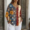 Women's V-Neck Button Three-Quarter Sleeve Casual Independence Day Print Pullover T-Shirt
