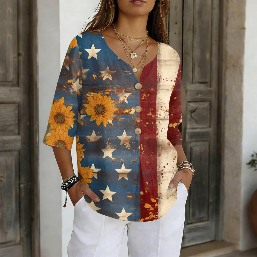 Women's V-Neck Button Three-Quarter Sleeve Casual Independence Day Print Pullover T-Shirt
