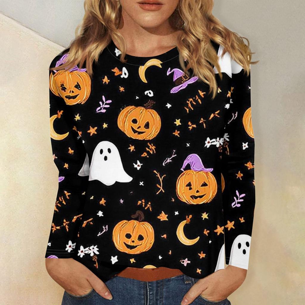 Women's Fashion Casual Halloween Printed Round Neck Long Sleeve Pullover Top