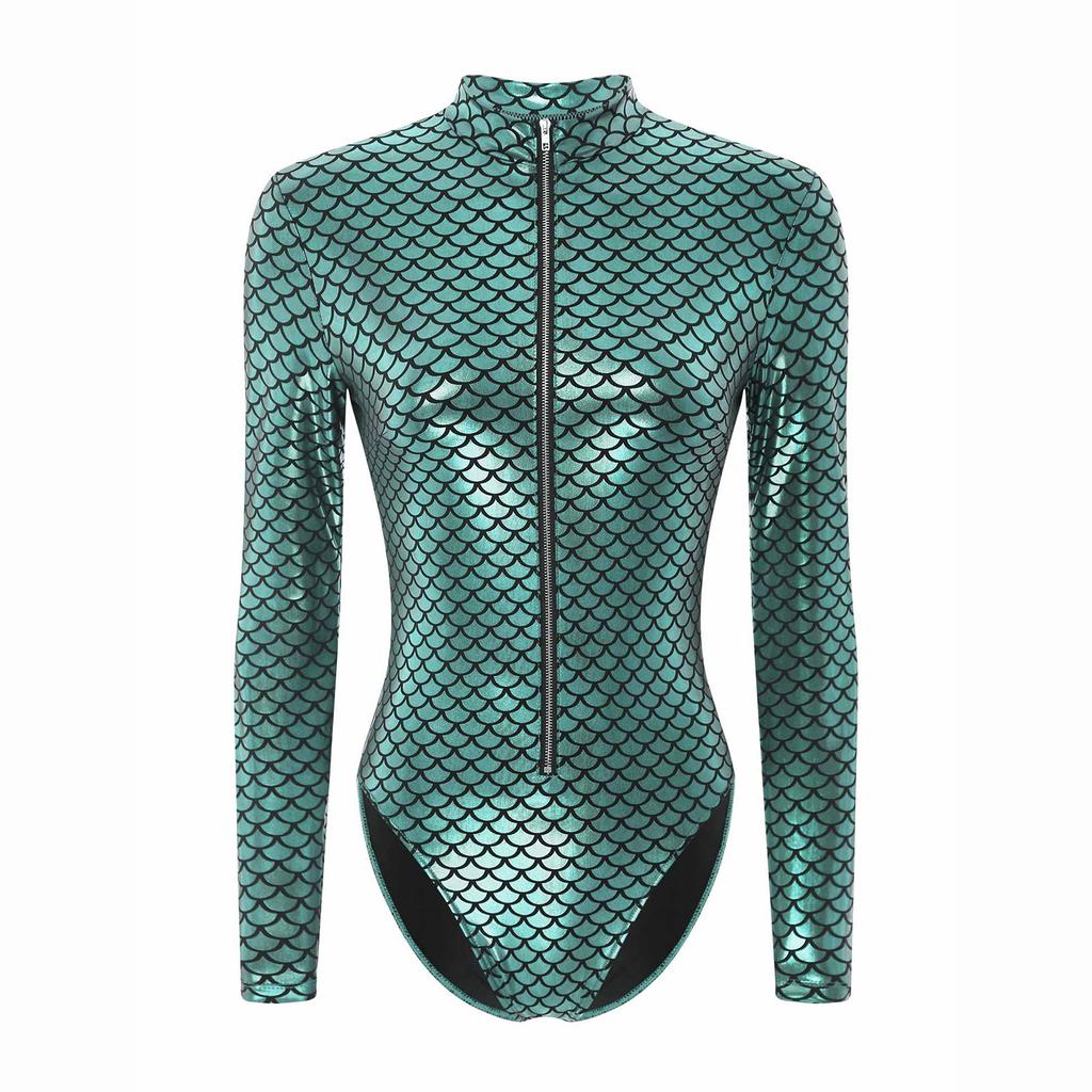 Damen Meerjungfrauenschuppen Einteiliger Badeanzug Langarm Mock Neck Leotard für Poolparty Strandoutfit