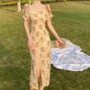 French coffee break medium and long skirt new design sense niche square neck bubble sleeve floral dress women's summer