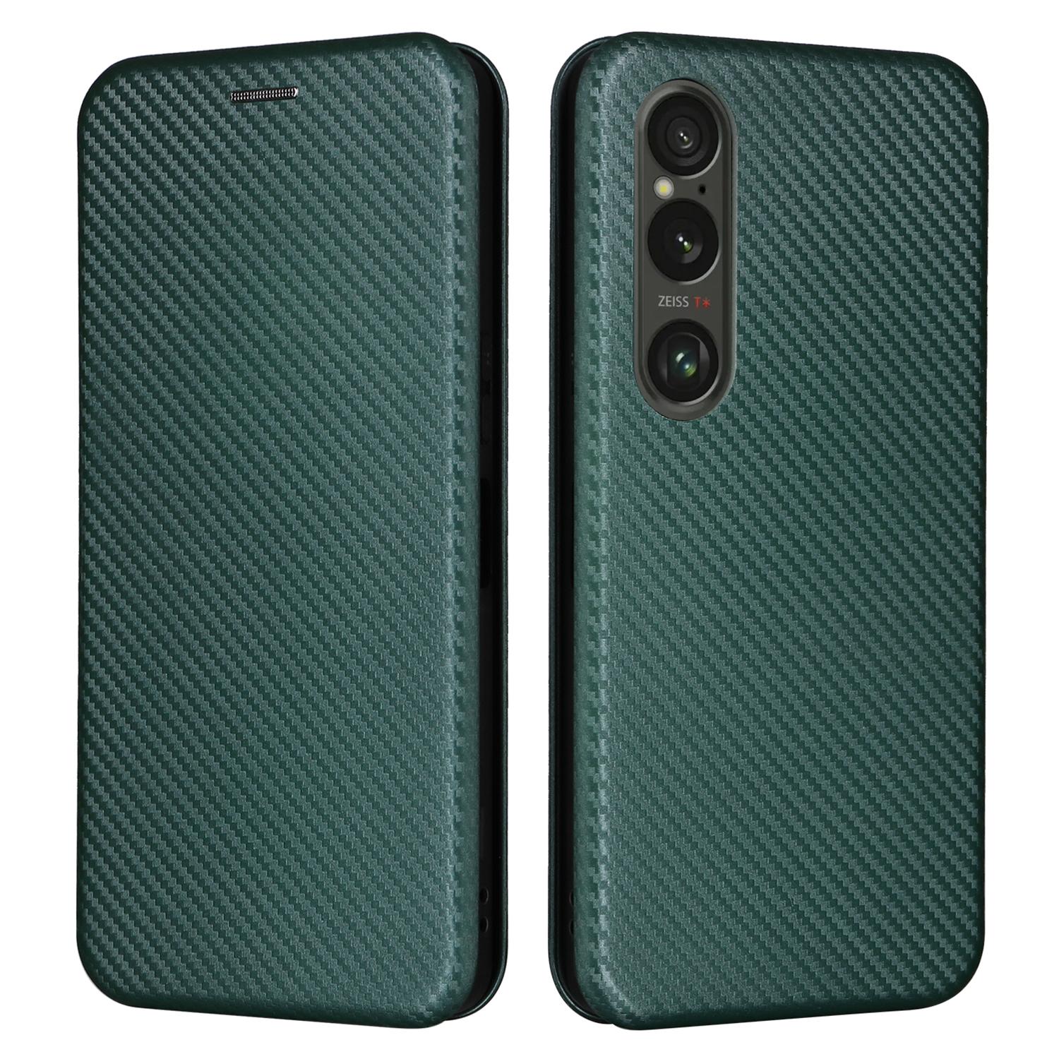 

For Sony Xperia 1 VI Case Magnetic Carbon Fiber Texture Leather Phone Cover Full Protection Green